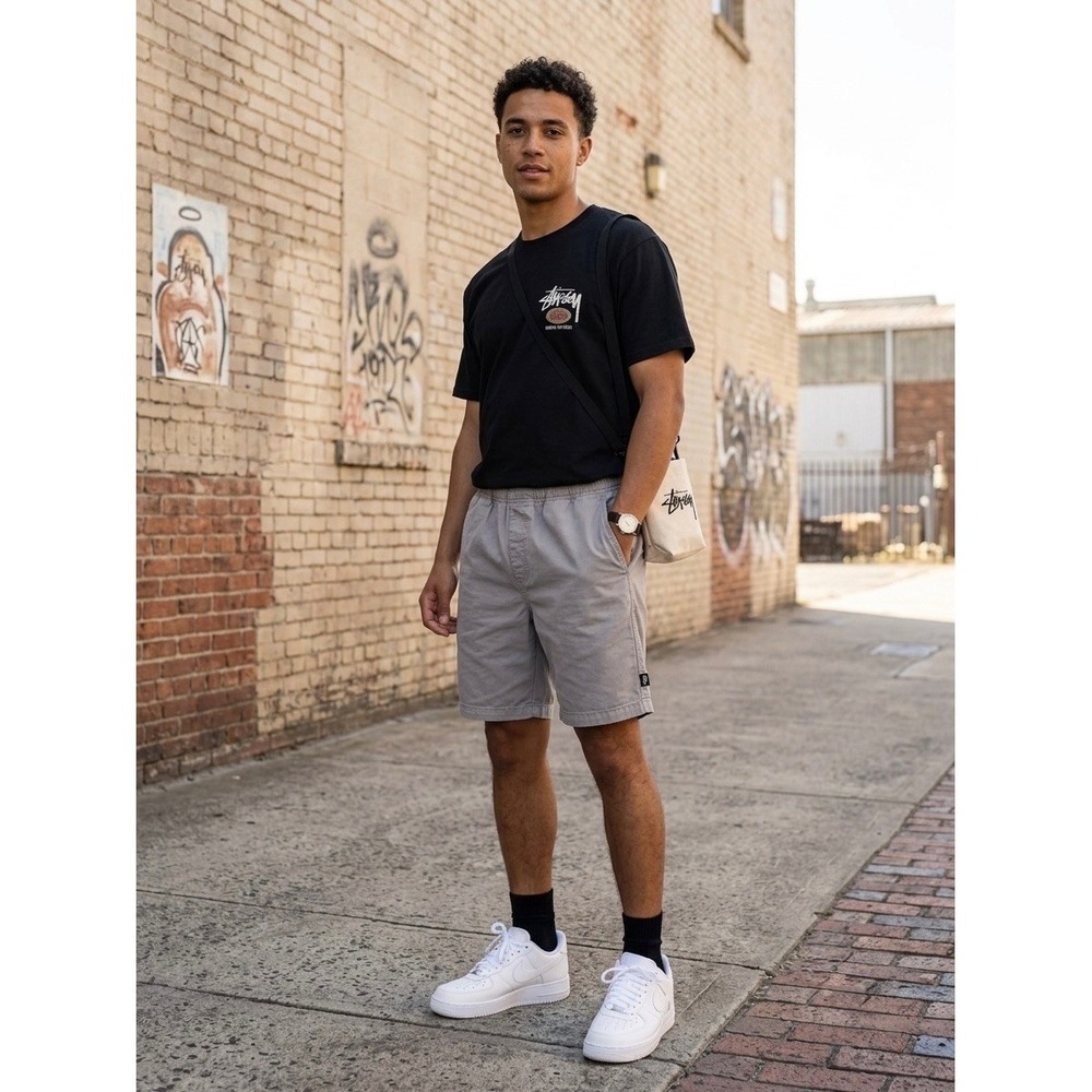 Stussy Elastic Stuff Shorts Mens Medium Grey Cotton Twill 112282 Streetwear